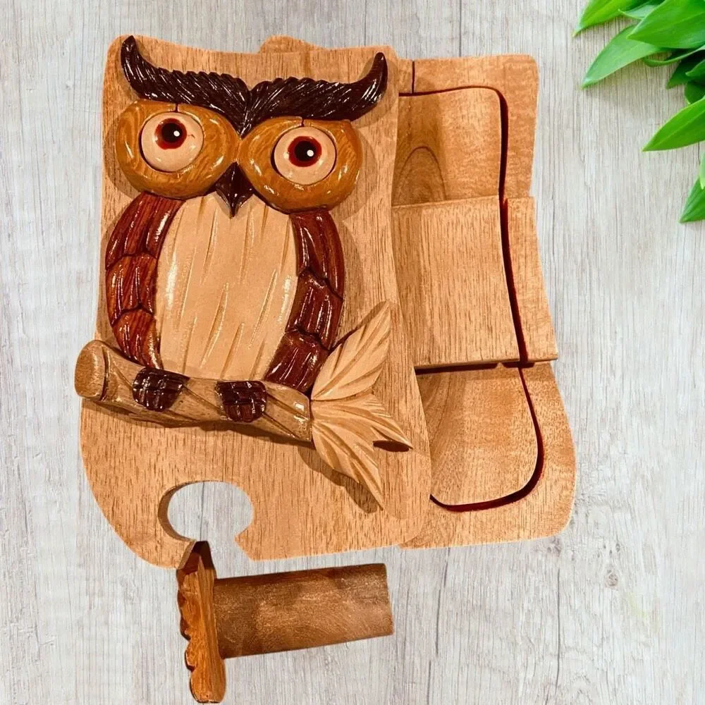 Owl Wood Puzzle Trinket Jewelry Box